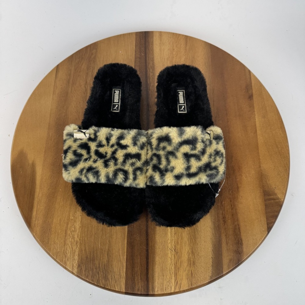 New Womens Puma Leadcat Fluffy Safari Cheetah Print Black Slides Size 5 M NWOB